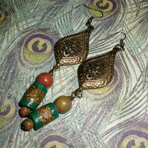 Tibetan Style Antique Brass Dangle Earrings with African Beads